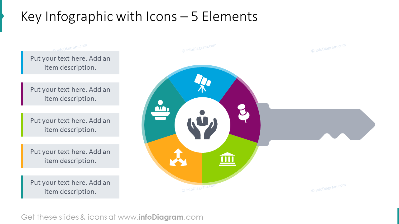Key infographics slide for 5 elements illustrated with flat icons 
