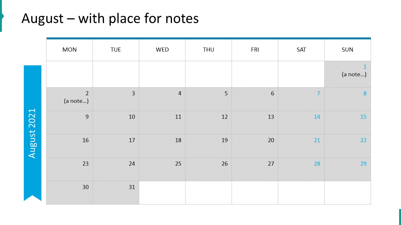 August – with place for notes