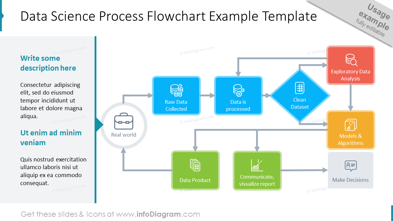  A flowchart of the data science process, including data collection, data processing, data cleaning, exploratory data analysis, model building, and data visualization.