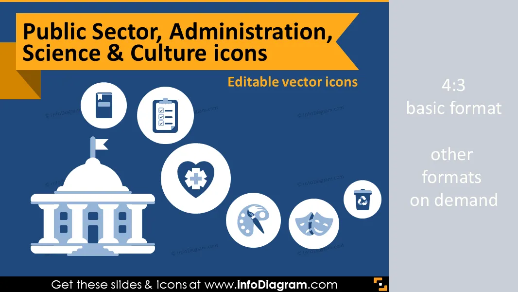 Industry icons: Public Sector, Administration, Science & Culture (flat PPT clipart)