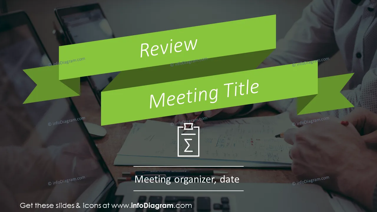 Review meeting title slide example with green ribbon stripe