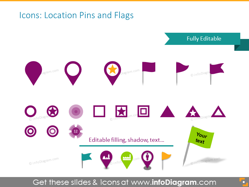 Location pins and flags icons