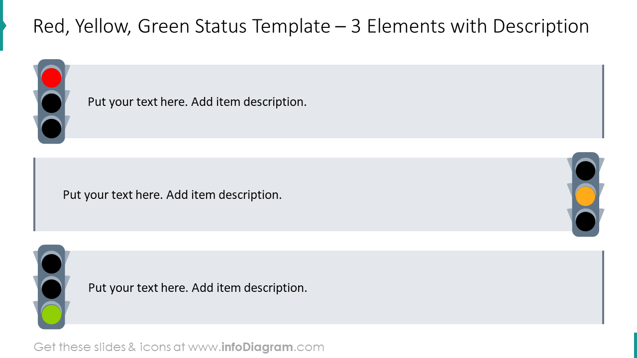 Traffic lights status template for three elements with description boxes