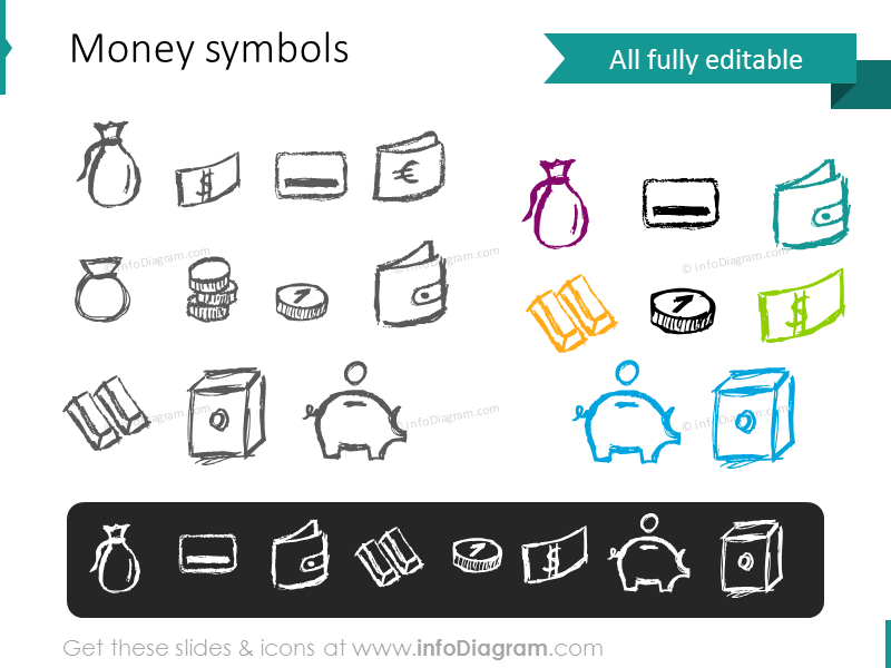 money pictograms doodle coin banknote gold credit card purse vault icons