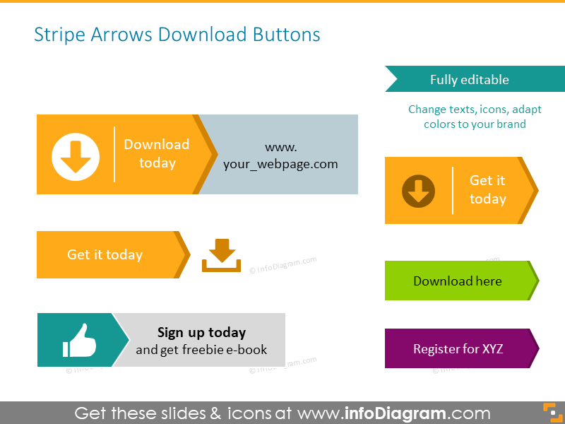 Download buttons illustrated with color arrows
