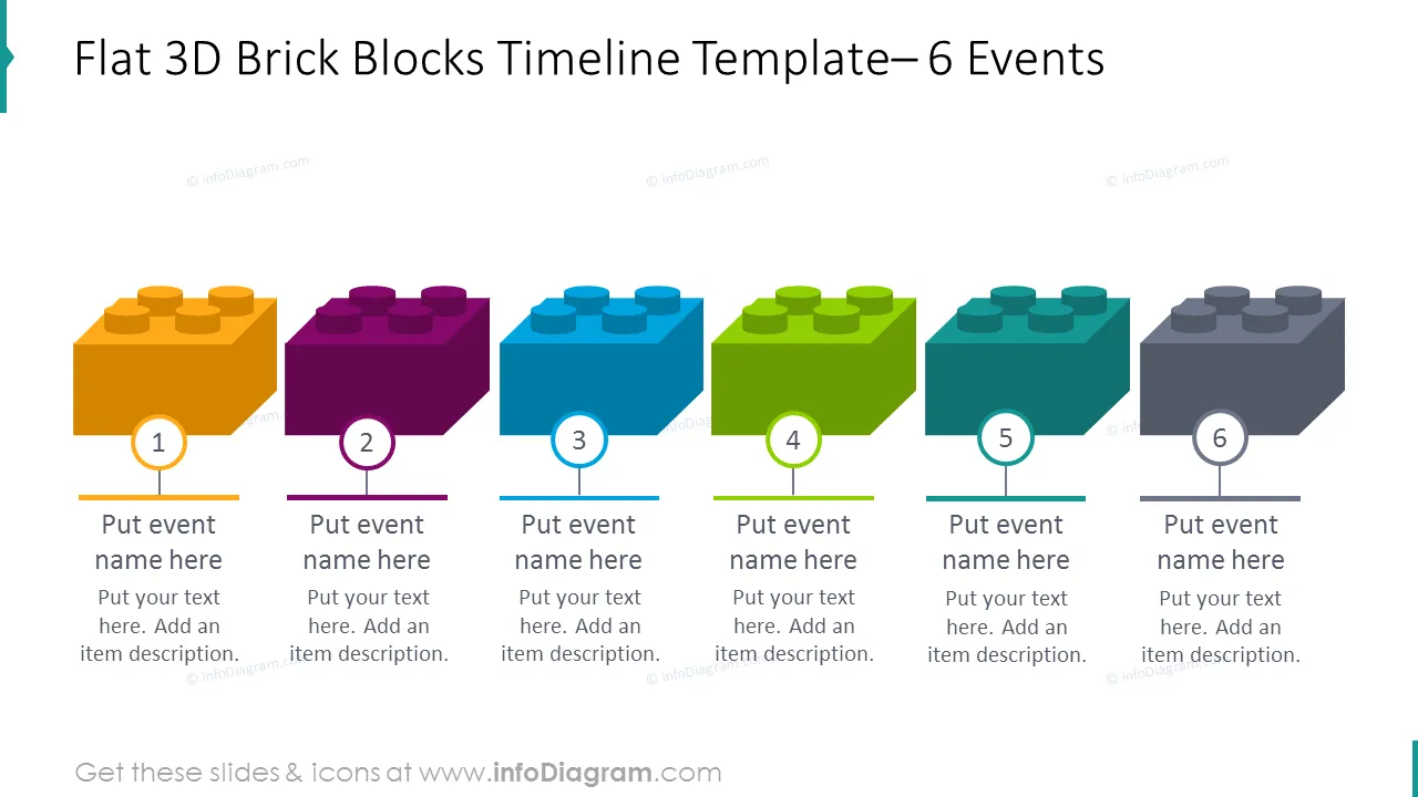 Template for flat 3D blocks timeline placing 6 events
