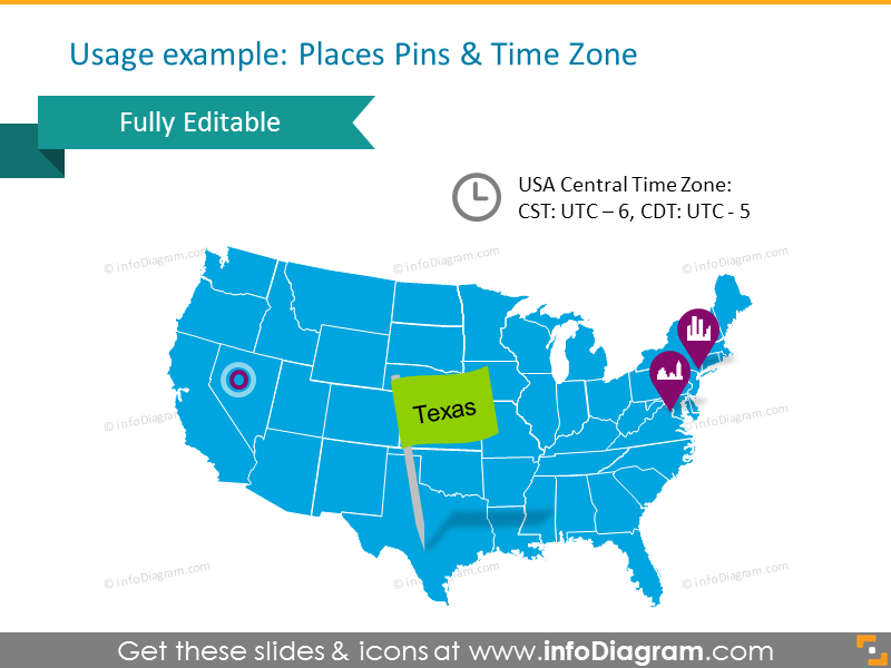 Map of USA states with Pin and time zones