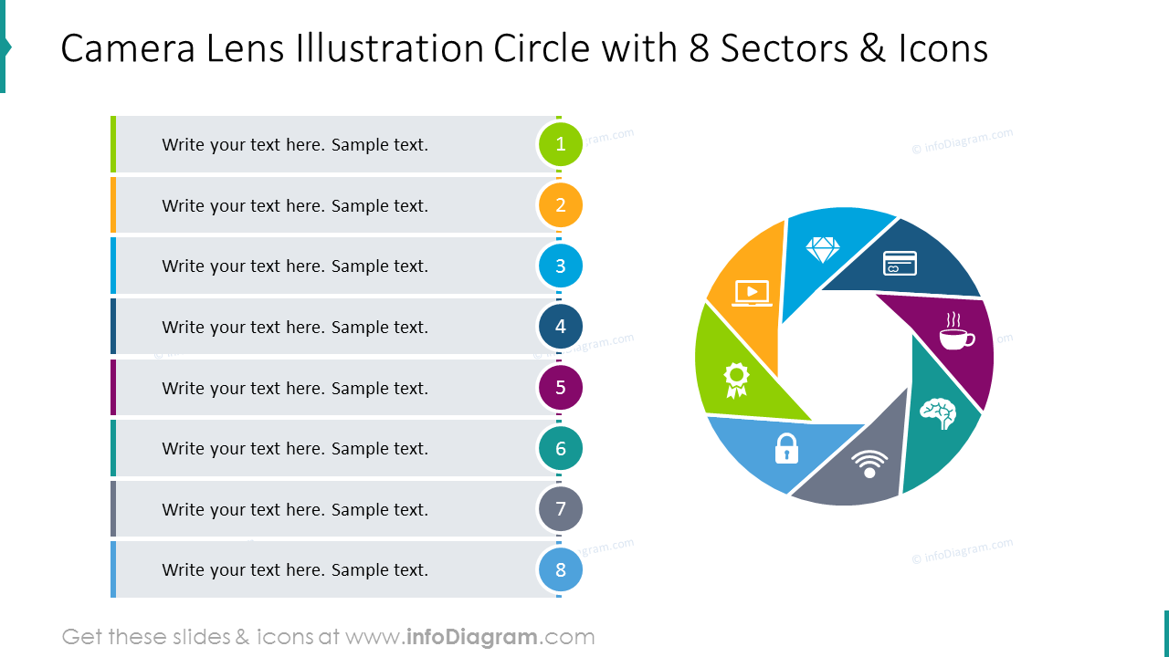 Camera lens illustration circle with 8 sectors and icons