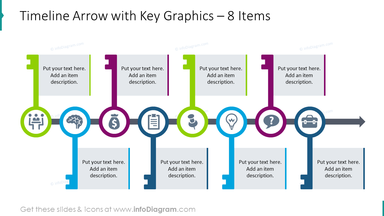 Timeline arrow with key graphics for 8 items