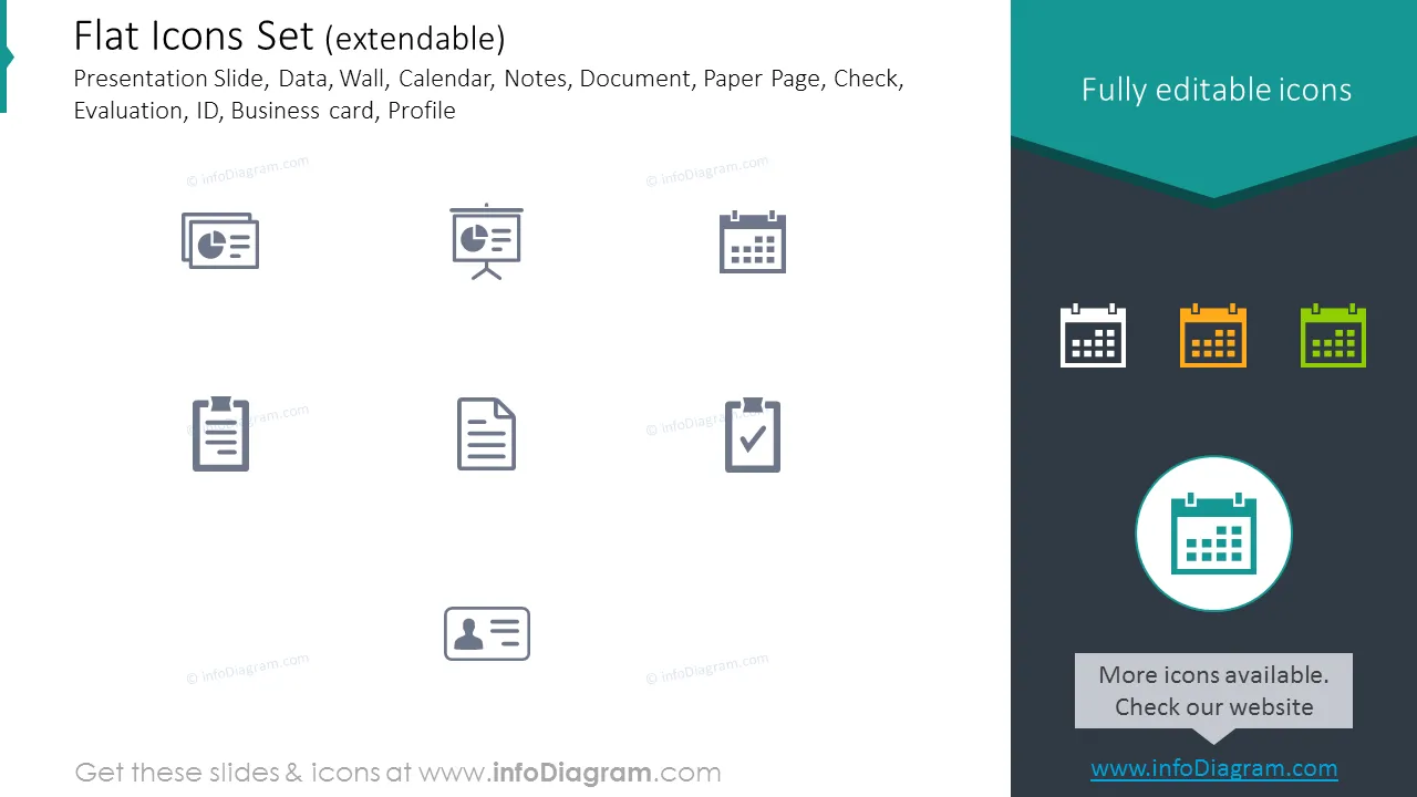 Icons Set: Presentation Slide, Paper Page, Check, Evaluation, ID, Profile