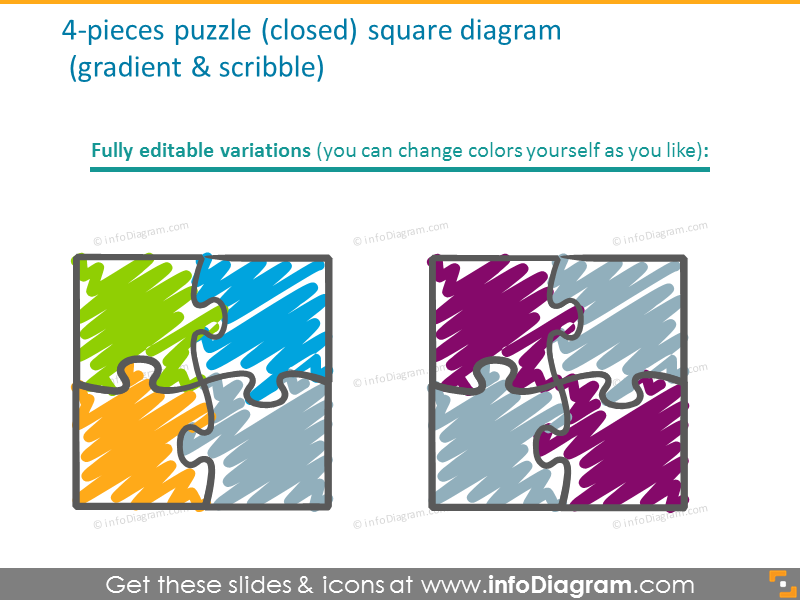 4-pieces puzzle square diagram with gradient and scribble filling