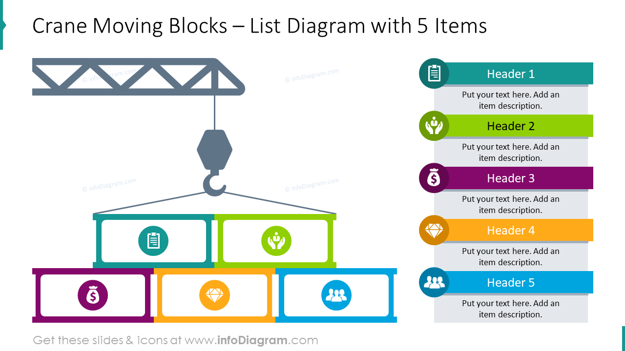 Crane moving blocks with list diagram for 5 items