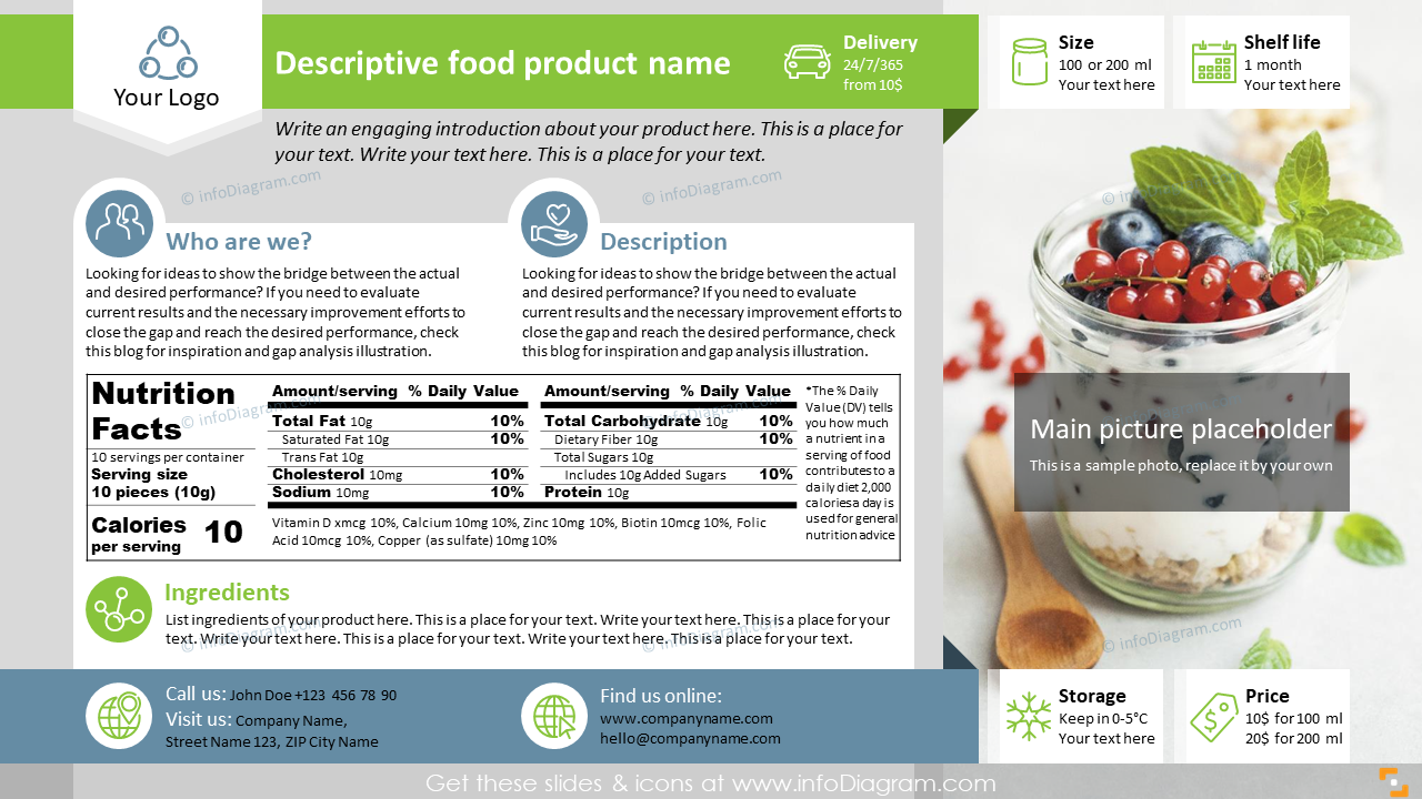 B2C Gastronomy Food Product Overview with Nutrition Facts