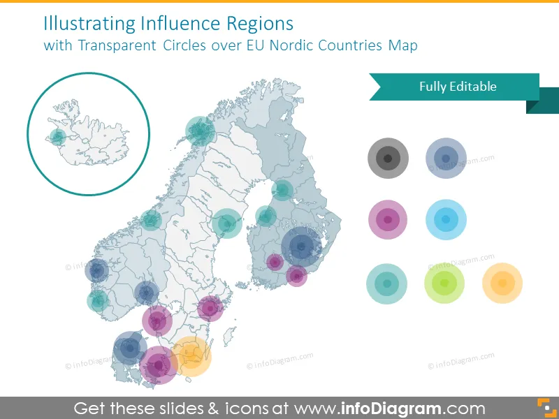 Influence EU Nordic countries map with transparent circles