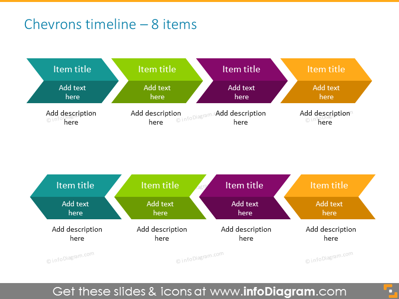 timeline infographics for 8 elements in chevron shape