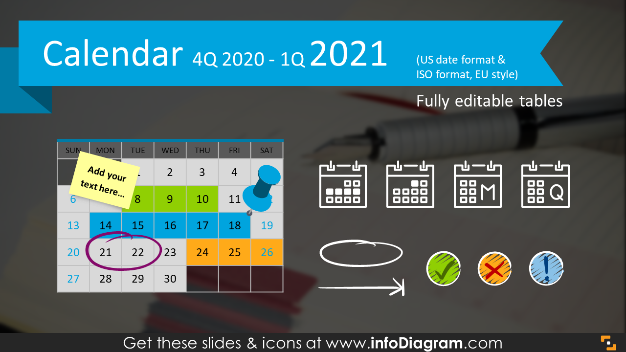 Quarterly Calendars 4Q 2020 + 1Q 2021 (PPT tables and icons)
