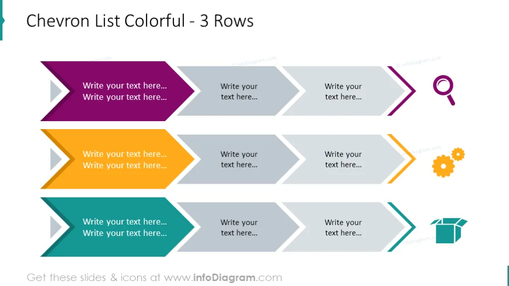 Chevron list illustrated with 3 colorful rows