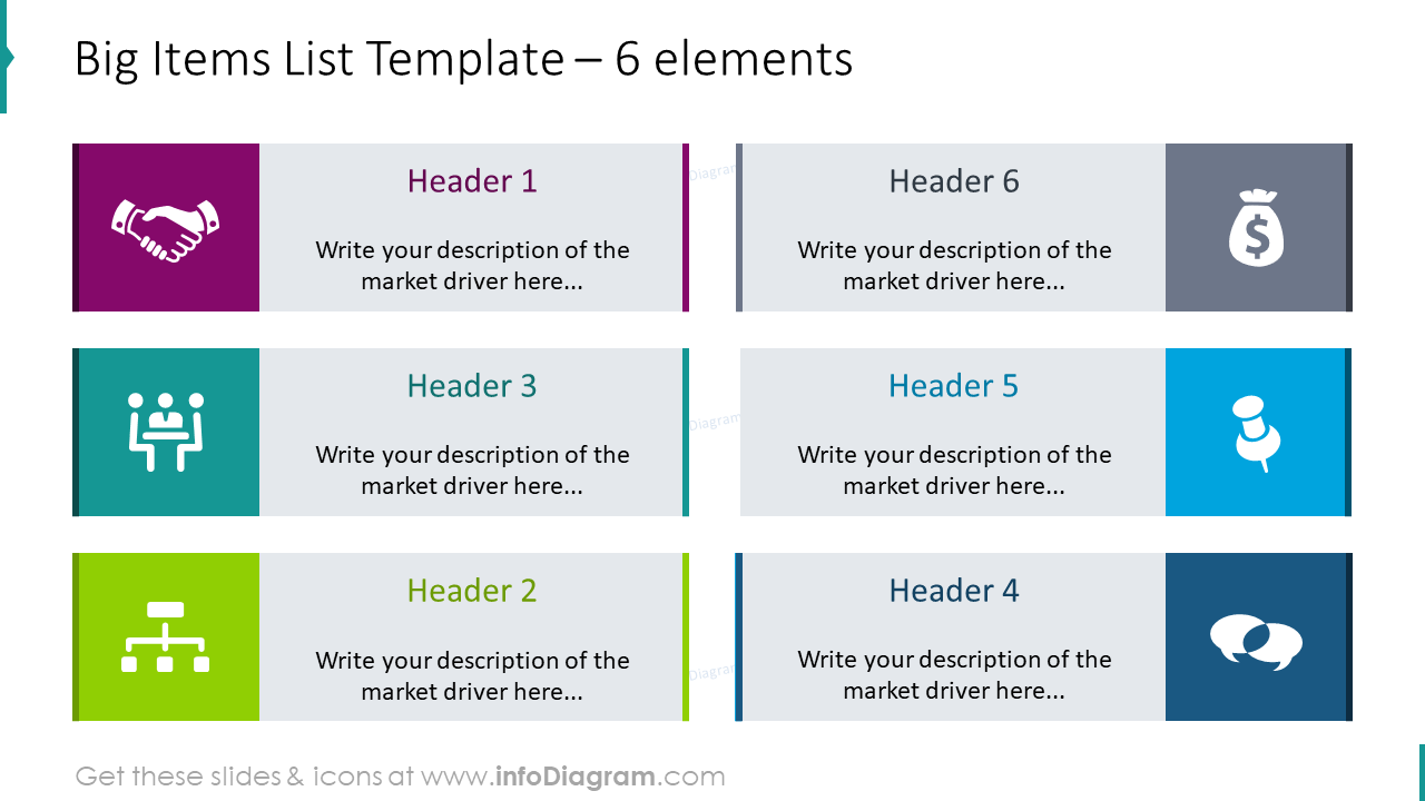 Big items list template for 6 elements