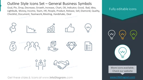 Outline style icons set: goal, pin, drop, decrease, growth