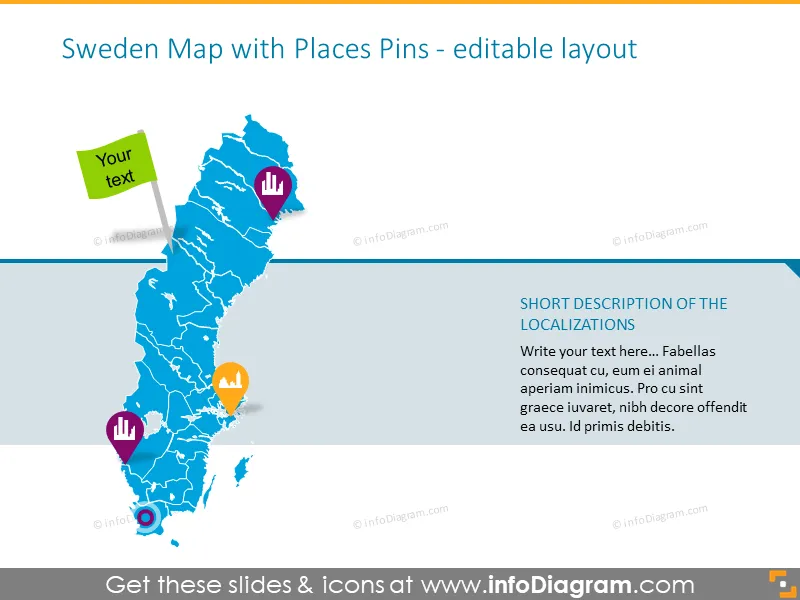 Sweden zoomed map with places pins