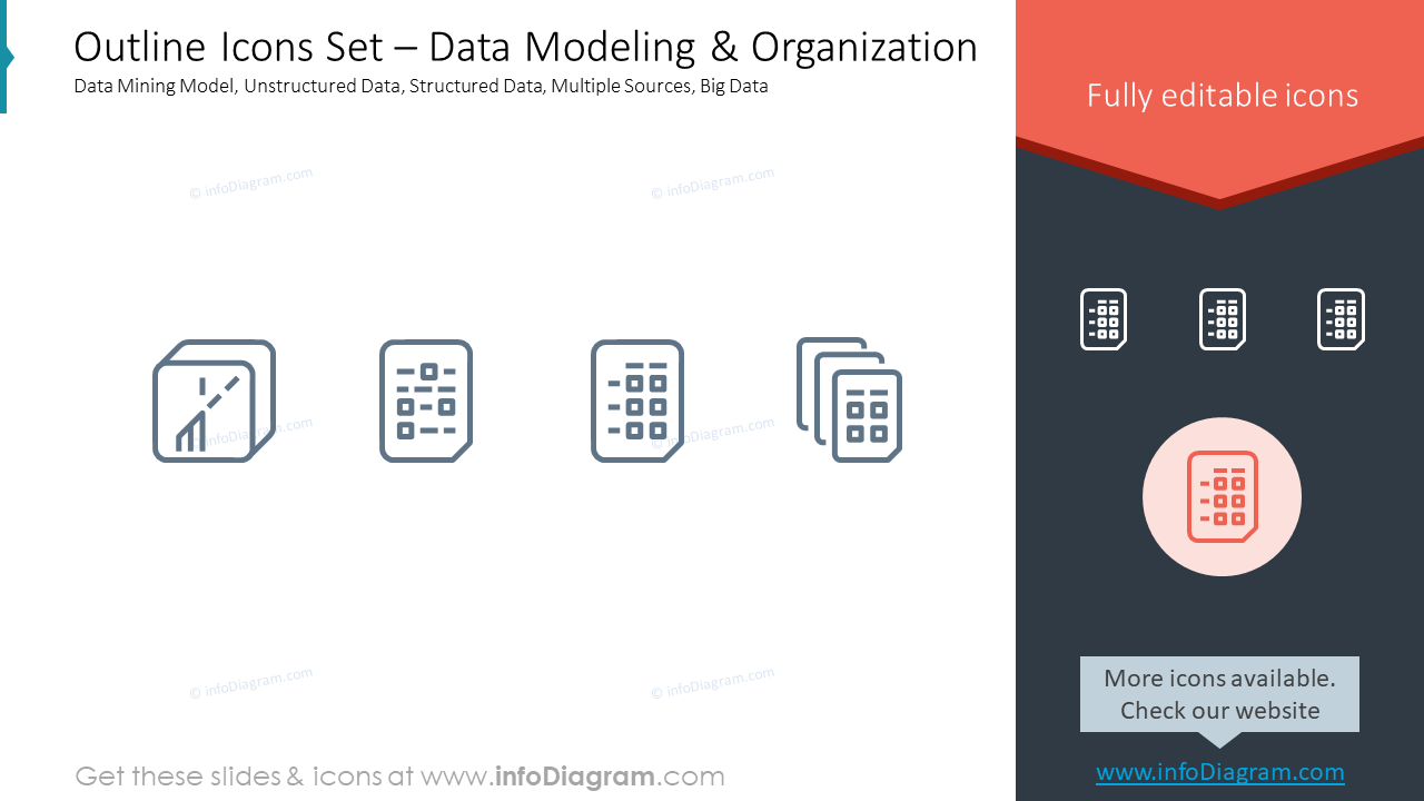 Outline Icons Set – Data Modeling & OrganizationData Mining Model, Unstructured Data, Structured Data, Multiple Sources, Big Data