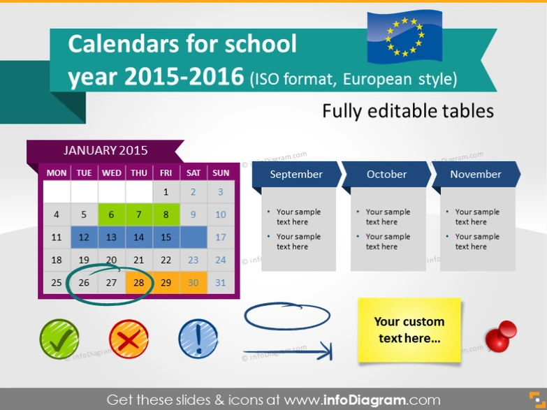 School Calendars 2015 2016 graphics (EU ISO dates, PPT tables and icons)