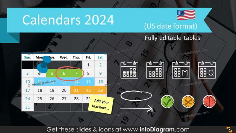 Calendars 2023 timelines graphics US format (PPT tables and icons)