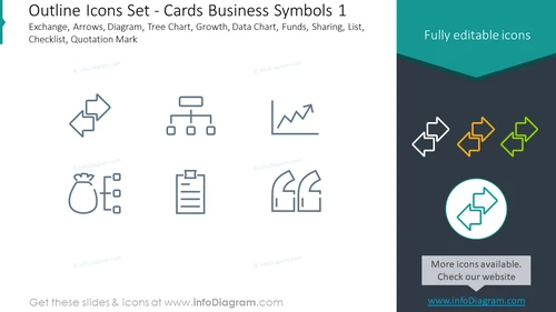 Outline icons set: cards, business symbols, Exchange, arrows