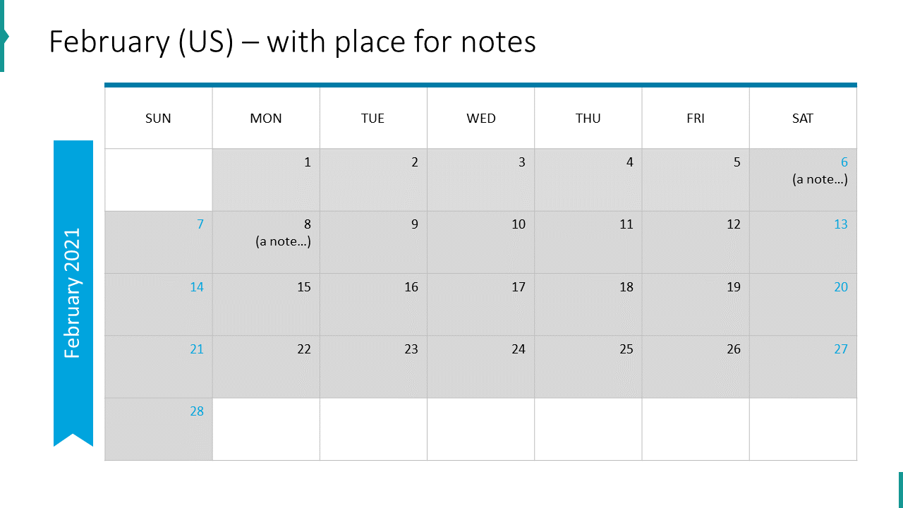 February (US) – with place for notes