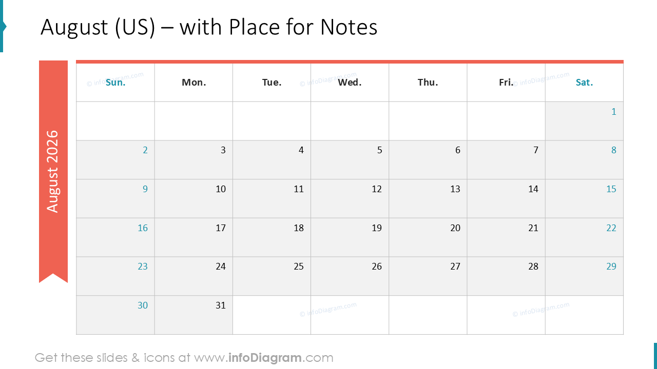 August (US) – with Place for Notes