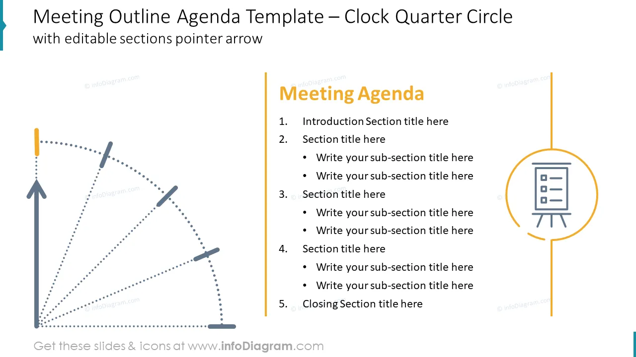 Meeting Outline Agenda Template – Clock Quarter Circle with editable sections pointer arrow