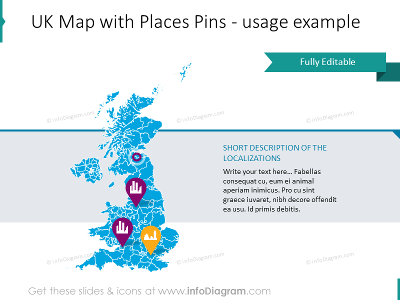 United Kingdom map with places pins and text placeholder