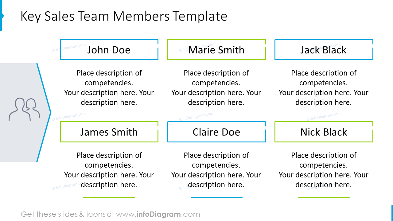 Team members template with text description and icons