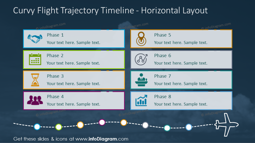 Horizontal timeline illustrated with curvy flight trajectory